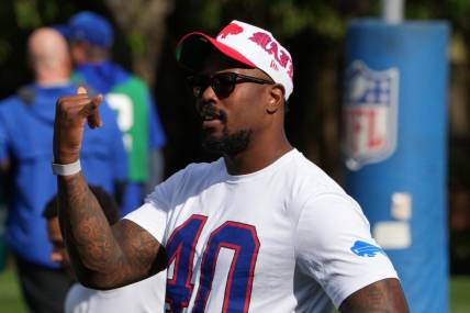 Oct 6, 2023; Watford, United Kingdom; Buffalo Bills linebacker Von Miller during practice at The Grove Hotel. Mandatory Credit: Kirby Lee-USA TODAY Sports