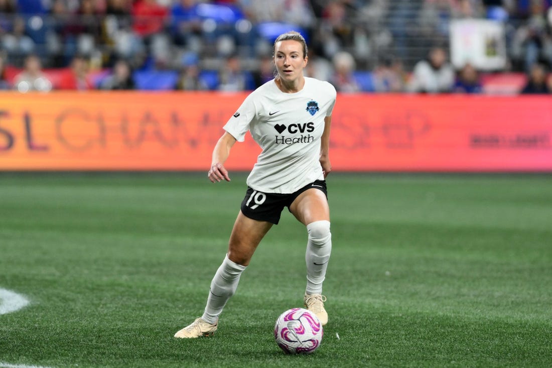 Oct 6, 2023; Seattle, Washington, USA; Washington Spirit defender Dorian Bailey (19) controls the ball during the second half against OL Reign at Lumen Field. Mandatory Credit: Steven Bisig-USA TODAY Sports