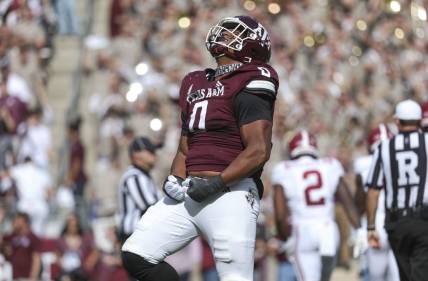 Oct 7, 2023; College Station, Texas, USA; Texas A&M Aggies defensive lineman Walter Nolen (0) reacts after a play during the second quarter against the Alabama Crimson Tide at Kyle Field. Mandatory Credit: Troy Taormina-USA TODAY Sports