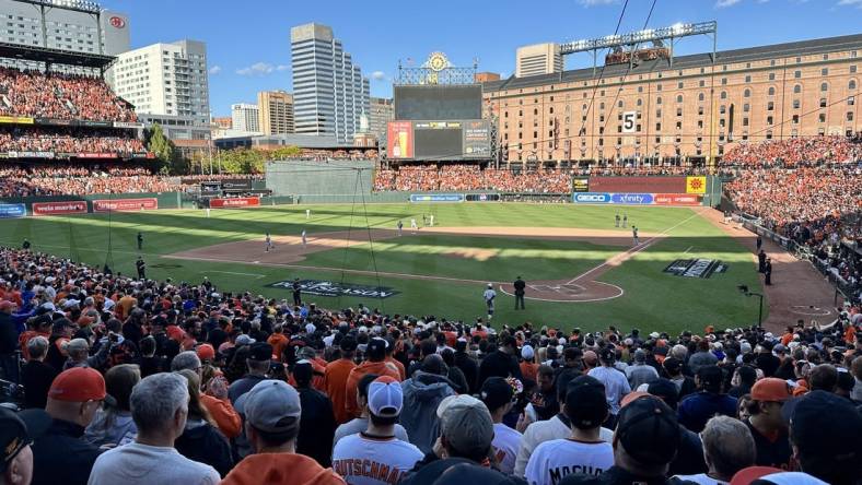 Oct 7, 2023; Baltimore, Maryland, USA; A general view during the eight inning in game one of the ALDS for the 2023 MLB playoffs between the Baltimore Orioles and the Texas Rangers at Oriole Park at Camden Yards. Mandatory Credit: Mitch Stringer-USA TODAY Sports