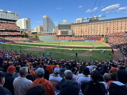 Oct 7, 2023; Baltimore, Maryland, USA; A general view during the eight inning in game one of the ALDS for the 2023 MLB playoffs between the Baltimore Orioles and the Texas Rangers at Oriole Park at Camden Yards. Mandatory Credit: Mitch Stringer-USA TODAY Sports