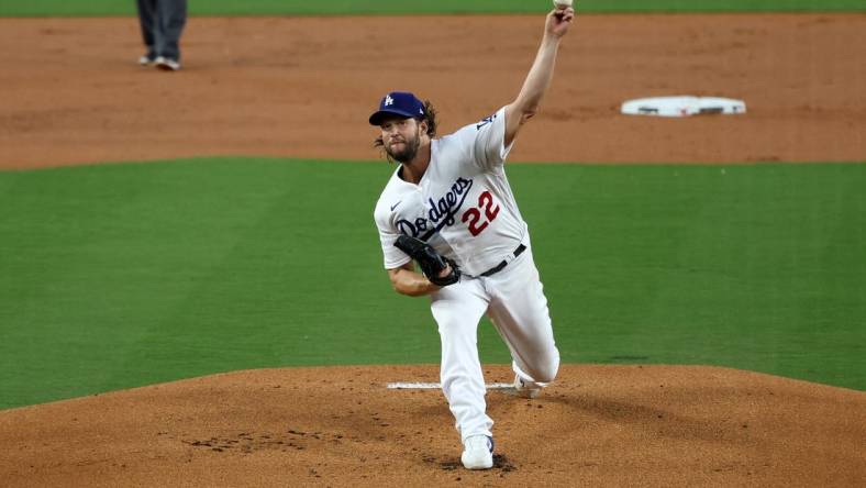 Oct 7, 2023; Los Angeles, California, USA; Los Angeles Dodgers starting pitcher Clayton Kershaw (22) throws a pitch against the Arizona Diamondbacks during the first inning for game one of the NLDS for the 2023 MLB playoffs at Dodger Stadium. Mandatory Credit: Kiyoshi Mio-USA TODAY Sports