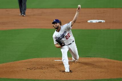 Oct 7, 2023; Los Angeles, California, USA; Los Angeles Dodgers starting pitcher Clayton Kershaw (22) throws a pitch against the Arizona Diamondbacks during the first inning for game one of the NLDS for the 2023 MLB playoffs at Dodger Stadium. Mandatory Credit: Kiyoshi Mio-USA TODAY Sports