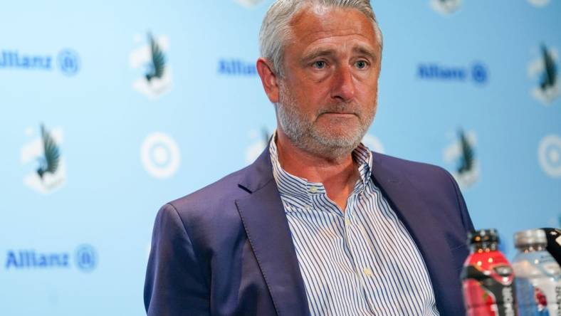 Oct 7, 2023; Saint Paul, Minnesota, USA; Minnesota United interim head coach Sean McAuley hosts the post-match press conference after defeating the Los Angeles Galaxy at Allianz Field. Mandatory Credit: Matt Blewett-USA TODAY Sports