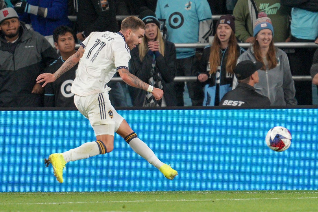 Oct 7, 2023; Saint Paul, Minnesota, USA; Los Angeles Galaxy midfielder Tyler Boyd (11) shoots the ball against Minnesota United in the first half at Allianz Field. Mandatory Credit: Matt Blewett-USA TODAY Sports