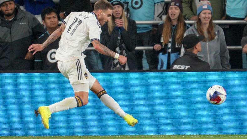 Oct 7, 2023; Saint Paul, Minnesota, USA; Los Angeles Galaxy midfielder Tyler Boyd (11) shoots the ball against Minnesota United in the first half at Allianz Field. Mandatory Credit: Matt Blewett-USA TODAY Sports