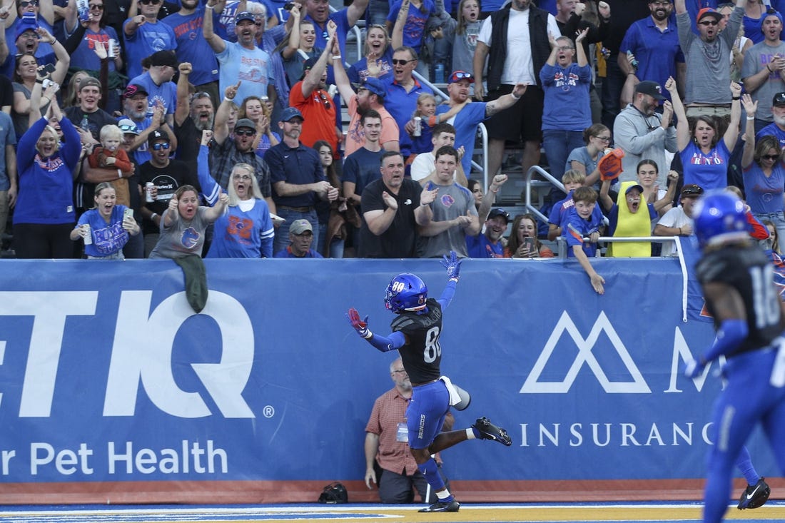 Boise State wide receiver Eric McAlister is among the Broncos who waved goodbye via the transfer portal before the LA Bowl. Mandatory Credit: Brian Losness-USA TODAY Sports