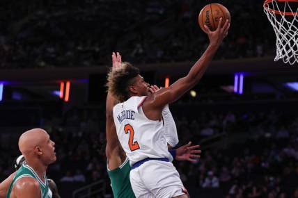 Oct 9, 2023; New York, New York, USA;New York Knicks guard Miles McBride (2) drives to the basket during the second half against the Boston Celtics at Madison Square Garden. Mandatory Credit: Vincent Carchietta-USA TODAY Sports