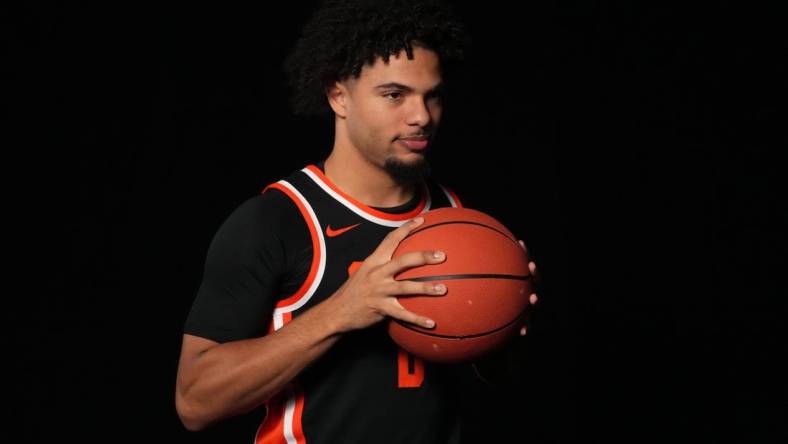 Oct 11, 2023; Las Vegas, NV, USA; Oregon State Beavers guard Jordan Pope (0) poses during Pac-12 Media Day at Park MGM Las Vegas Conference Center. Mandatory Credit: Kirby Lee-USA TODAY Sports