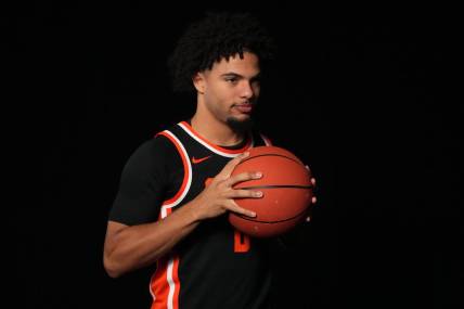 Oct 11, 2023; Las Vegas, NV, USA; Oregon State Beavers guard Jordan Pope (0) poses during Pac-12 Media Day at Park MGM Las Vegas Conference Center. Mandatory Credit: Kirby Lee-USA TODAY Sports
