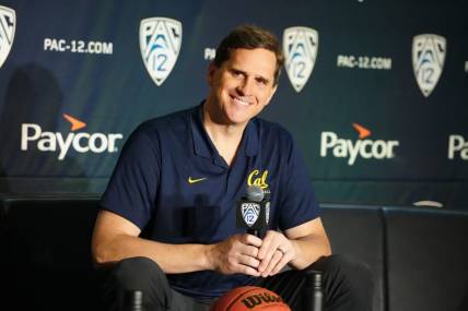 Oct 11, 2023; Las Vegas, NV, USA; California Golden Bears coach Mark Madsen during Pac-12 Media Day at Park MGM Las Vegas Conference Center. Mandatory Credit: Kirby Lee-USA TODAY Sports