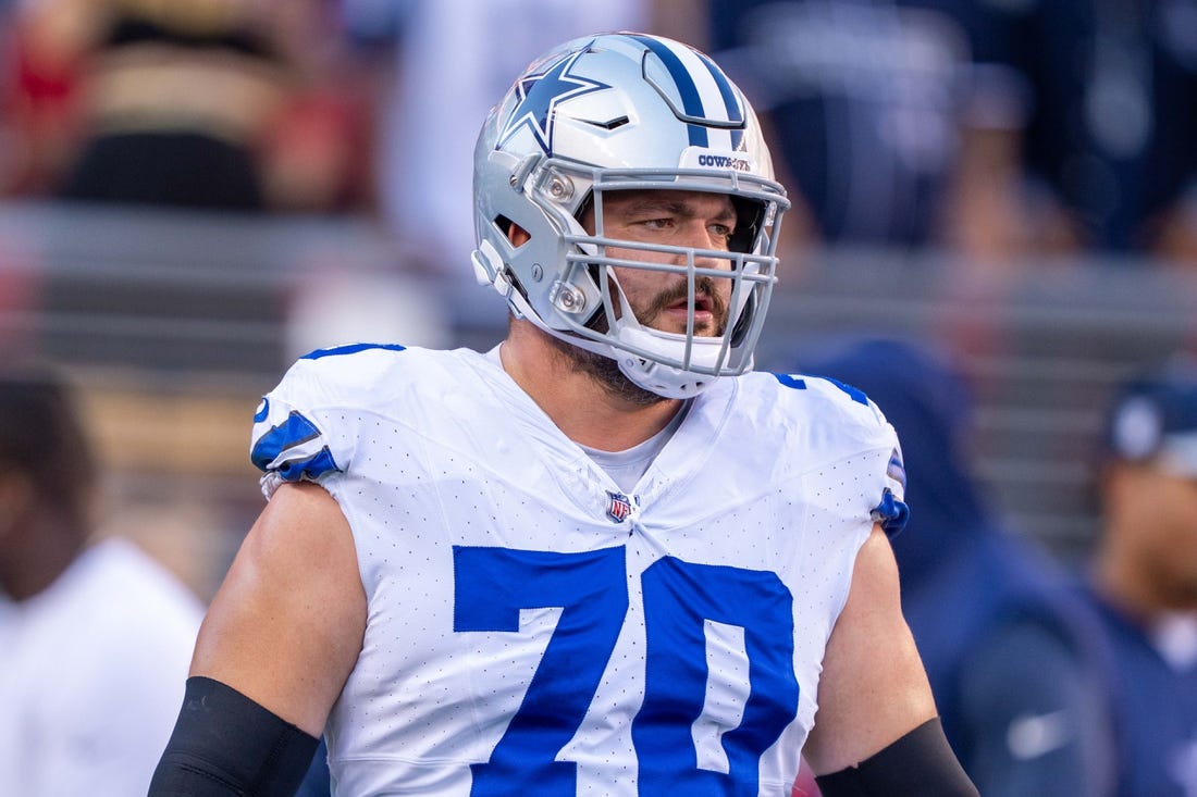 October 8, 2023; Santa Clara, California, USA; Dallas Cowboys guard Zack Martin (70) warms up before the game against the San Francisco 49ers at Levi's Stadium. Mandatory Credit: Kyle Terada-USA TODAY Sports