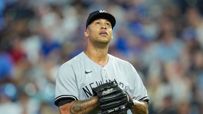 Sep 30, 2023; Kansas City, Missouri, USA; New York Yankees starting pitcher Frankie Montas (47) leaves the field during the sixth inning against the Kansas City Royals at Kauffman Stadium. Mandatory Credit: Jay Biggerstaff-USA TODAY Sports