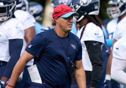 Oct 13, 2023; London, United Kingdom; Craig Aukerman special teams coach during Tennessee Titans practice session at The Grove, Watford for their upcoming NFL London game. Mandatory Credit: Peter van den Berg-USA TODAY Sports