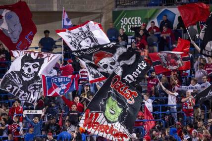 Oct 14, 2023; Frisco, TX, USA; A view of the FC Dallas fans and their flags during the first half of the game between FC Dallas and the Colorado Rapids at Toyota Stadium. Mandatory Credit: Jerome Miron-USA TODAY Sports