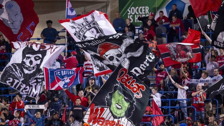 Oct 14, 2023; Frisco, TX, USA; A view of the FC Dallas fans and their flags during the first half of the game between FC Dallas and the Colorado Rapids at Toyota Stadium. Mandatory Credit: Jerome Miron-USA TODAY Sports