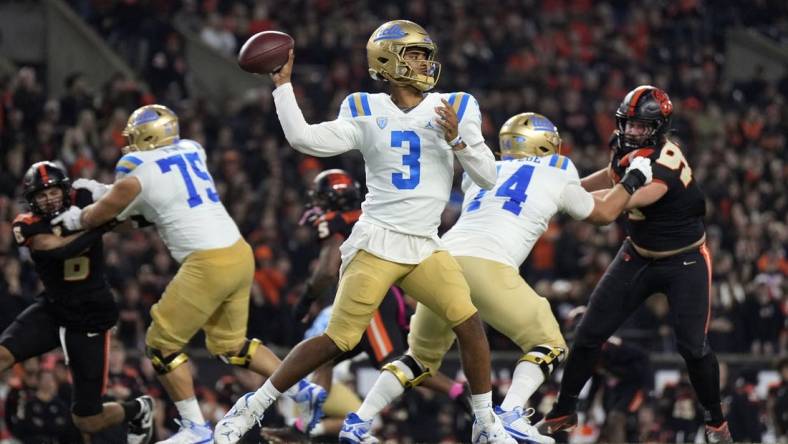 Oct 14, 2023; Corvallis, Oregon, USA; UCLA Bruins quarterback Dante Moore (3) throws the ball during the second half against the Oregon State Beavers at Reser Stadium. Mandatory Credit: Soobum Im-USA TODAY Sports