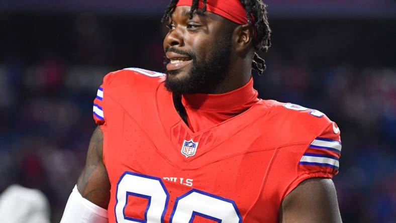 Oct 15, 2023; Orchard Park, New York, USA; Buffalo Bills defensive end Shaq Lawson (90) warms up before a game New York Giants at Highmark Stadium. Mandatory Credit: Mark Konezny-USA TODAY Sports