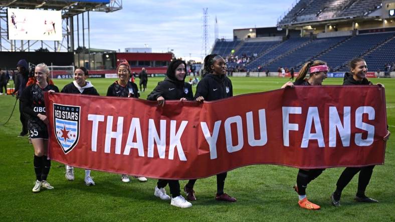 Oct 15, 2023; Bridgeview, Illinois, USA; Chicago Red Stars thank fans after the game against OL Reign at SeatGeek Stadium. Mandatory Credit: Daniel Bartel-USA TODAY Sports