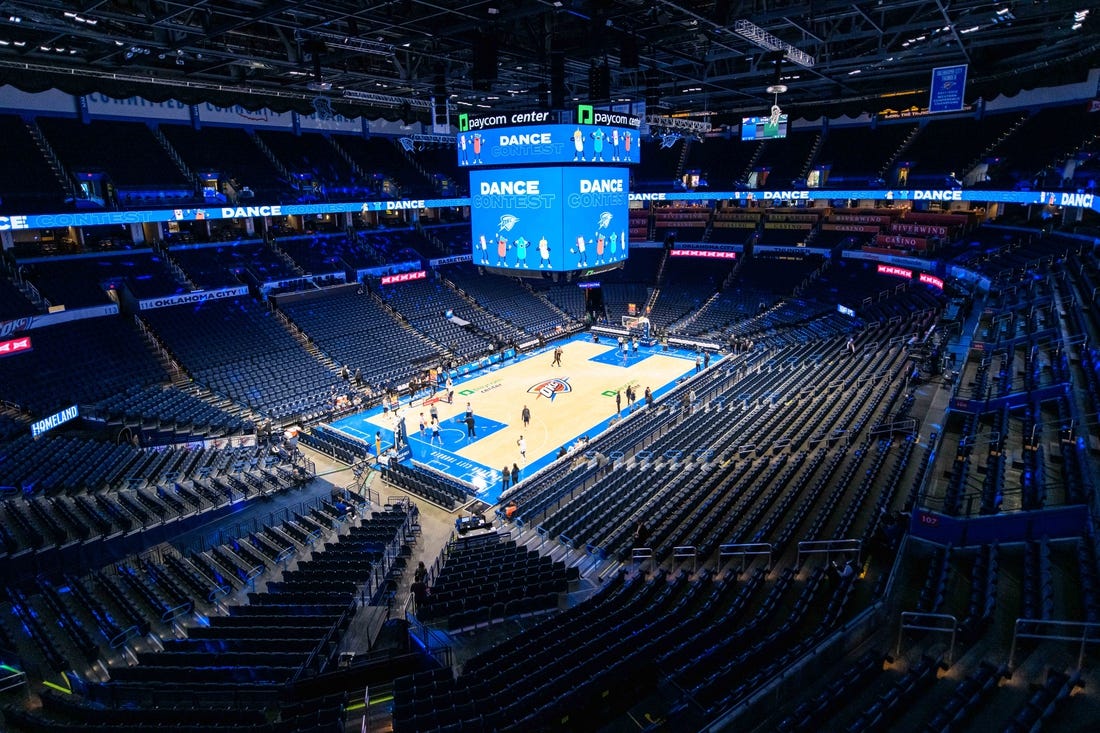 Oct 17, 2023; Oklahoma City, Oklahoma, USA; A general view of the Paycom Center before the game between the  Oklahoma City Thunder and Milwaukee Bucks at Paycom Center. Mandatory Credit: Rob Ferguson-USA TODAY Sports