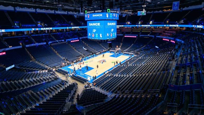 Oct 17, 2023; Oklahoma City, Oklahoma, USA; A general view of the Paycom Center before the game between the  Oklahoma City Thunder and Milwaukee Bucks at Paycom Center. Mandatory Credit: Rob Ferguson-USA TODAY Sports