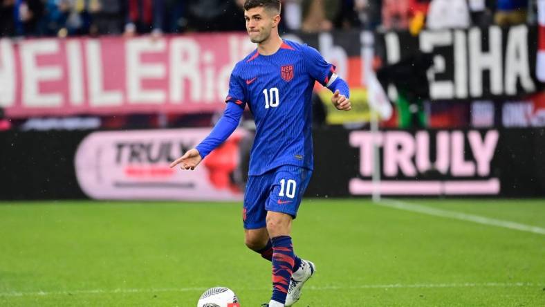 Oct 14, 2023; East Hartford, Connecticut, USA; United States forward Christian Pulisic (10) against the German national team during the second half at Pratt & Whitney Stadium. Mandatory Credit: Eric Canha-USA TODAY Sports