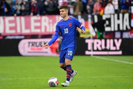 Oct 14, 2023; East Hartford, Connecticut, USA; United States forward Christian Pulisic (10) against the German national team during the second half at Pratt & Whitney Stadium. Mandatory Credit: Eric Canha-USA TODAY Sports