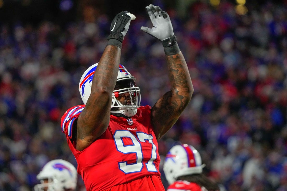 Oct 15, 2023; Orchard Park, New York, USA; Buffalo Bills defensive tackle Jordan Phillips (97) during the first half against the New York Giants at Highmark Stadium. Mandatory Credit: Gregory Fisher-USA TODAY Sports