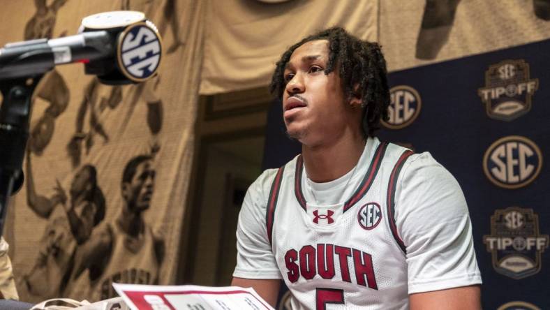 Oct 18, 2023; Brimingham, AL, USA; South Carolina Gamecocks guard Meechie Johnson talks with the media during the SEC Basketball Tipoff at Grand Bohemian Hotel Mountain Brook. Mandatory Credit: Vasha Hunt-USA TODAY Sports