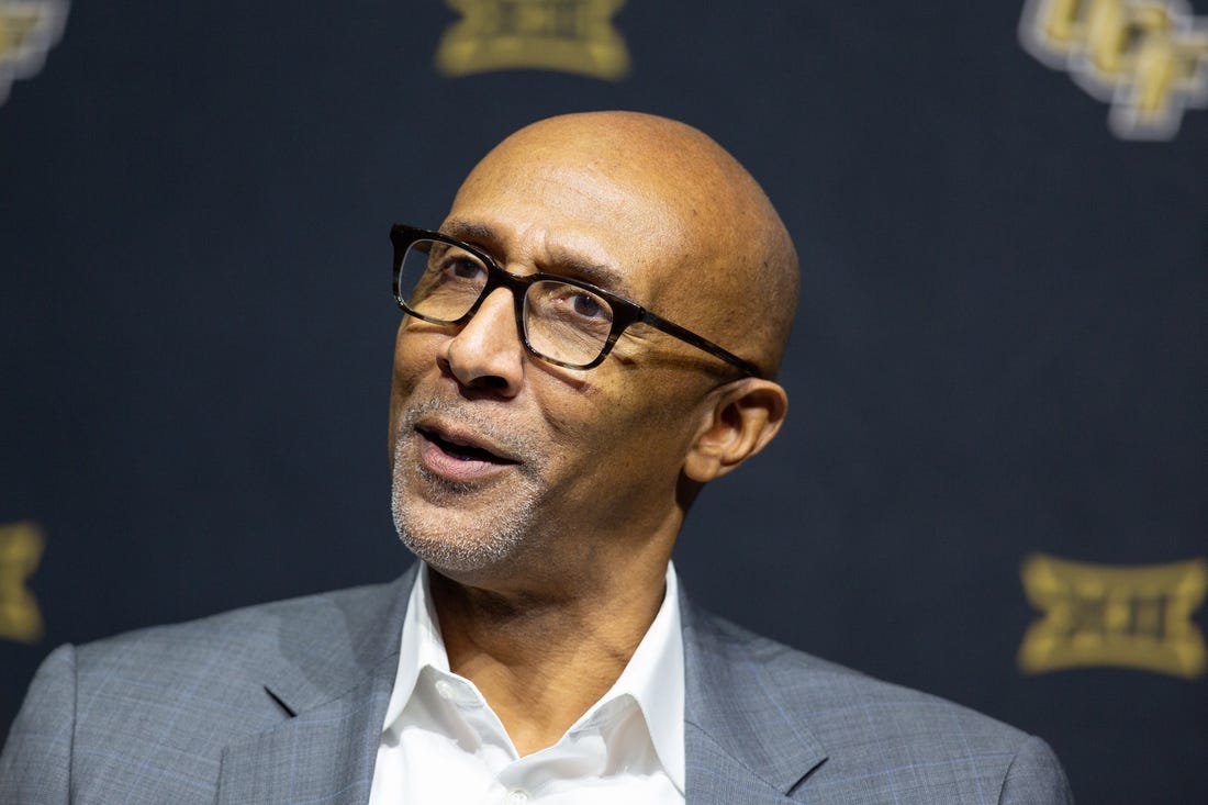 Oct 18, Kansas City, MO, USA; University of Central Florida head coach Johnny Dawkins answers questions at Big 12 Men s Basketball Tipoff at T-Mobile Center. Mandatory Credit: Kylie Graham-USA TODAY Sports