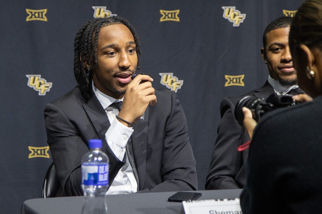 Oct 18, Kansas City, MO, USA; University of Central Florida player Shemarri Allen answers questions at the Big 12 Men s Basketball Tipoff at T-Mobile Center. Mandatory Credit: Kylie Graham-USA TODAY Sports