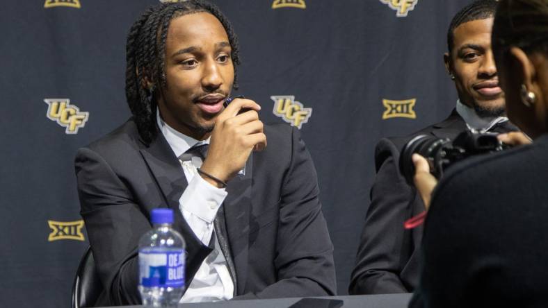 Oct 18, Kansas City, MO, USA; University of Central Florida player Shemarri Allen answers questions at the Big 12 Men s Basketball Tipoff at T-Mobile Center. Mandatory Credit: Kylie Graham-USA TODAY Sports