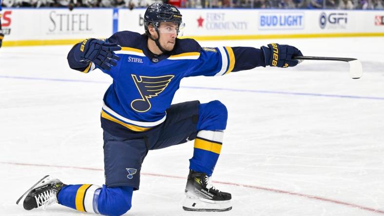 Oct 19, 2023; St. Louis, Missouri, USA;  St. Louis Blues left wing Jakub Vrana (15) celebrates after scoring against the Arizona Coyotes during the second period at Enterprise Center. Mandatory Credit: Jeff Curry-USA TODAY Sports