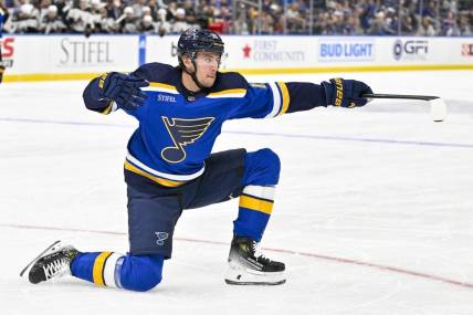Oct 19, 2023; St. Louis, Missouri, USA;  St. Louis Blues left wing Jakub Vrana (15) celebrates after scoring against the Arizona Coyotes during the second period at Enterprise Center. Mandatory Credit: Jeff Curry-USA TODAY Sports