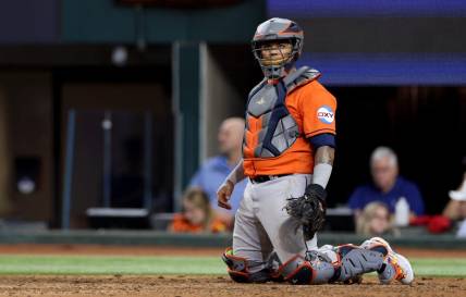 Oct 19, 2023; Arlington, Texas, USA; Houston Astros catcher Martin Maldonado (15) during the eighth inning in game four of the ALCS against the Texas Rangers for the 2023 MLB playoffs at Globe Life Field. Mandatory Credit: Andrew Dieb-USA TODAY Sports