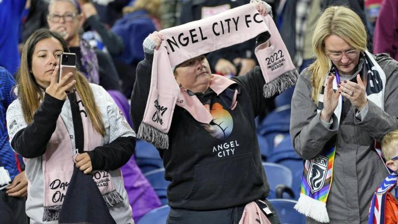 Oct 20, 2023; Seattle, Washington, USA; Angel City FC fans before the game against OL Reign at Lumen Field. Mandatory Credit: Stephen Brashear-USA TODAY Sports