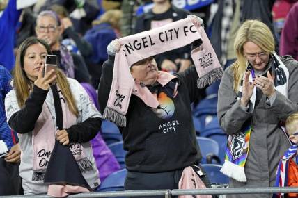 Oct 20, 2023; Seattle, Washington, USA; Angel City FC fans before the game against OL Reign at Lumen Field. Mandatory Credit: Stephen Brashear-USA TODAY Sports