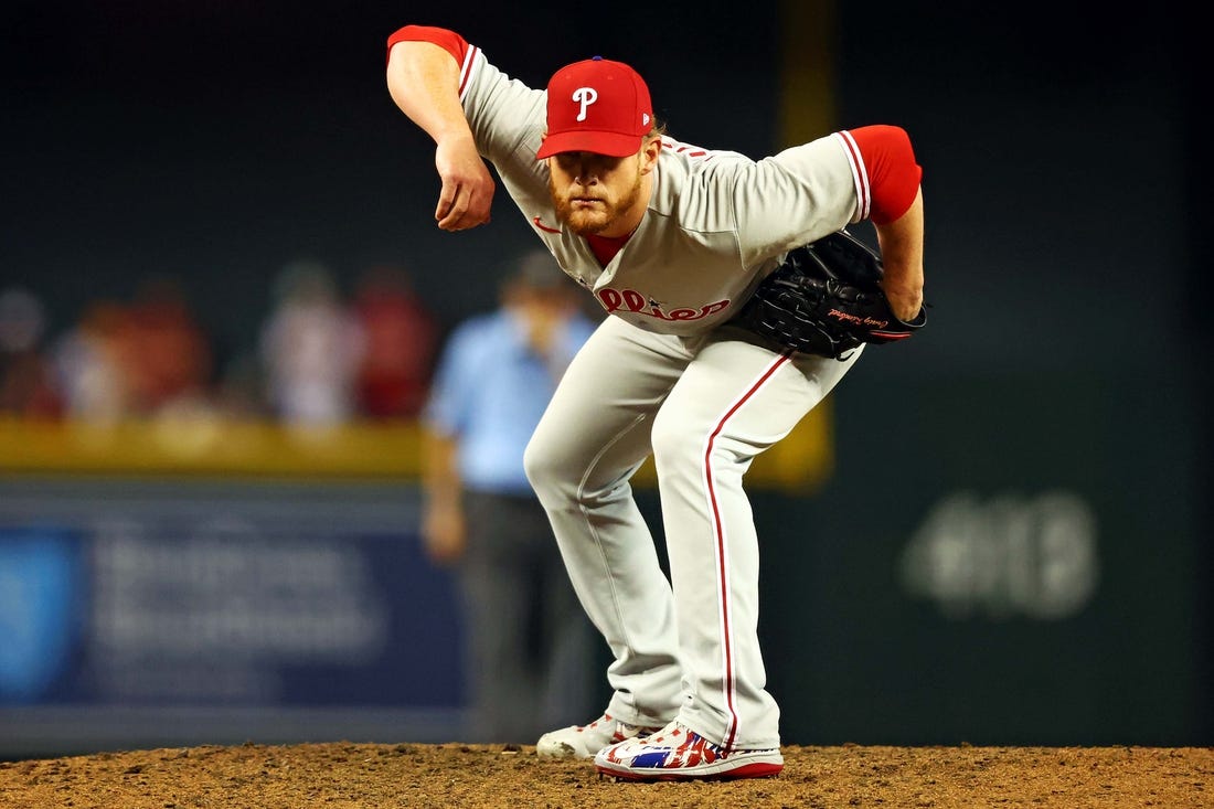 Oct 20, 2023; Phoenix, Arizona, USA; Philadelphia Phillies relief pitcher Craig Kimbrel (31) pitches during the eighth inning against the Arizona Diamondbacks in game four of the NLCS for the 2023 MLB playoffs at Chase Field. Mandatory Credit: Mark J. Rebilas-USA TODAY Sports