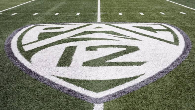 Oct 21, 2023; Eugene, Oregon, USA; A view of the PAC-12 field logo before the game between the Oregon Ducks and the Washington State Cougars at Autzen Stadium. Mandatory Credit: Soobum Im-USA TODAY Sports