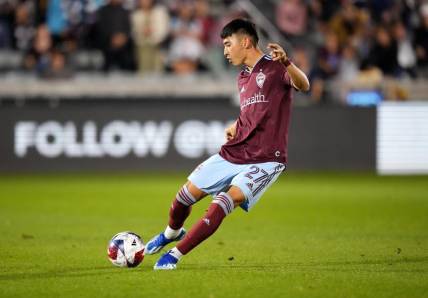 Oct 21, 2023; Commerce City, Colorado, USA; Colorado Rapids defender Sebastian Anderson (27) kicks the ball in the first half against the Real Salt Lake at Dick's Sporting Goods Park. Mandatory Credit: Ron Chenoy-USA TODAY Sports
