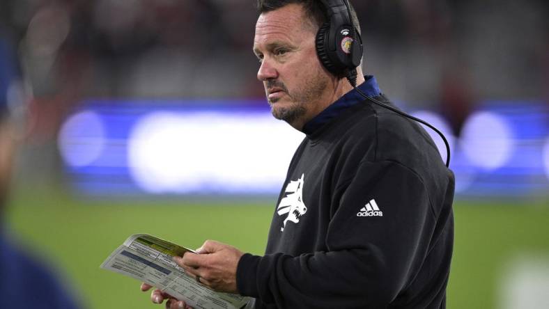 Oct 21, 2023; San Diego, California, USA; Nevada Wolf Pack head coach Ken Wilson looks on during the first half against the San Diego State Aztecs at Snapdragon Stadium. Mandatory Credit: Orlando Ramirez-USA TODAY Sports