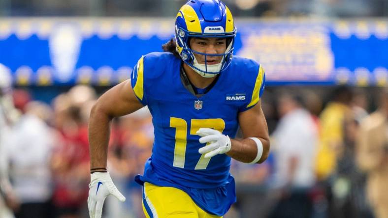 October 15, 2023; Inglewood, California, USA; Los Angeles Rams wide receiver Puka Nacua (17) warms up before the game against the Arizona Cardinals at SoFi Stadium. Mandatory Credit: Kyle Terada-USA TODAY Sports