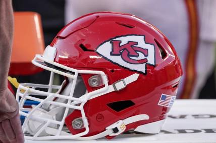 Oct 22, 2023; Kansas City, Missouri, USA; A general view of a Kansas City Chiefs helmet against the Los Angeles Chargers during the second half at GEHA Field at Arrowhead Stadium. Mandatory Credit: Denny Medley-USA TODAY Sports