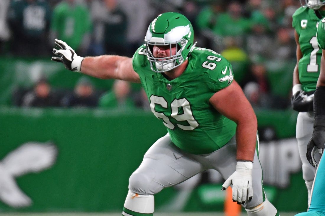 Oct 22, 2023; Philadelphia, Pennsylvania, USA;  Philadelphia Eagles guard Landon Dickerson (69) against the Miami Dolphins at Lincoln Financial Field. Mandatory Credit: Eric Hartline-USA TODAY Sports