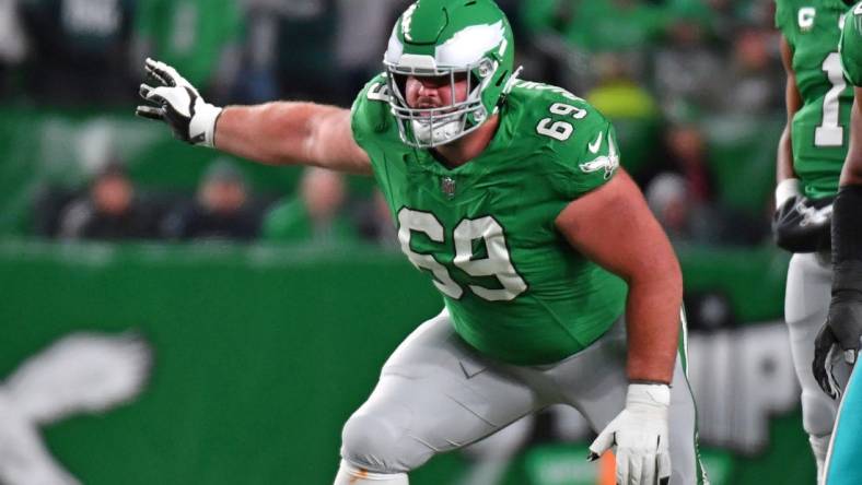 Oct 22, 2023; Philadelphia, Pennsylvania, USA;  Philadelphia Eagles guard Landon Dickerson (69) against the Miami Dolphins at Lincoln Financial Field. Mandatory Credit: Eric Hartline-USA TODAY Sports