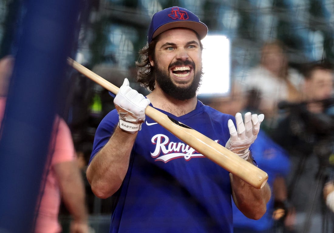 Oct 23, 2023; Houston, Texas, USA; (Editors Notes: Caption Correction) Texas Rangers catcher Austin Hedges (11) before game seven in the ALCS for the 2023 MLB playoffs at Minute Maid Park. Mandatory Credit: Thomas Shea-USA TODAY Sports