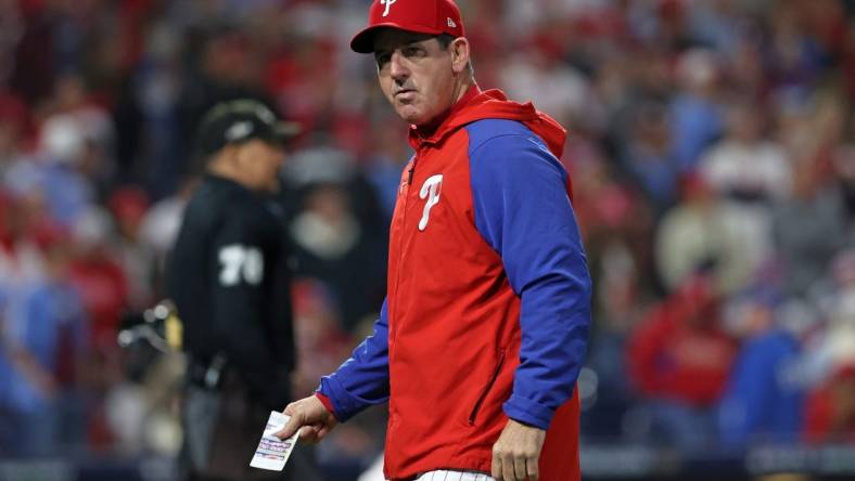 Oct 24, 2023; Philadelphia, Pennsylvania, USA; Philadelphia Phillies manager Rob Thomson (59) in the seventh inning during game seven of the NLCS for the 2023 MLB playoffs against the Arizona Diamondbacks at Citizens Bank Park. Mandatory Credit: Eric Hartline-USA TODAY Sports