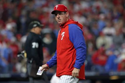 Oct 24, 2023; Philadelphia, Pennsylvania, USA; Philadelphia Phillies manager Rob Thomson (59) in the seventh inning during game seven of the NLCS for the 2023 MLB playoffs against the Arizona Diamondbacks at Citizens Bank Park. Mandatory Credit: Eric Hartline-USA TODAY Sports
