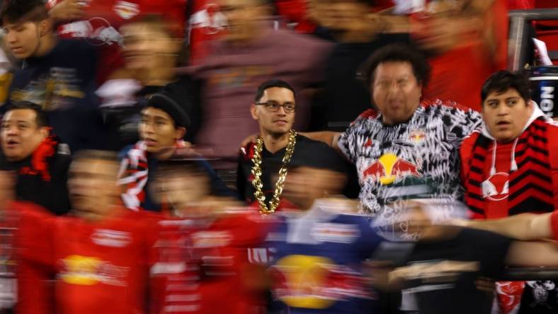 Oct 25, 2023; Harrison, NJ, USA; New York Red Bulls fans cheer during the first in the Eastern Conference Wild Card match of the 2023 MLS Cup Playoffs at Red Bull Arena. Mandatory Credit: Vincent Carchietta-USA TODAY Sports