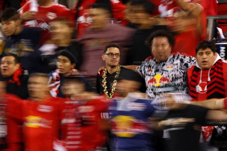 Oct 25, 2023; Harrison, NJ, USA; New York Red Bulls fans cheer during the first in the Eastern Conference Wild Card match of the 2023 MLS Cup Playoffs at Red Bull Arena. Mandatory Credit: Vincent Carchietta-USA TODAY Sports